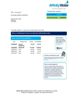 Affinity Water Utility Bill - Custom Fake, Replica, Novelty Utility Bills