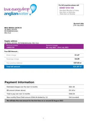 Anglian Water Utility Bill - Custom Fake, Replica, Novelty Utility Bills