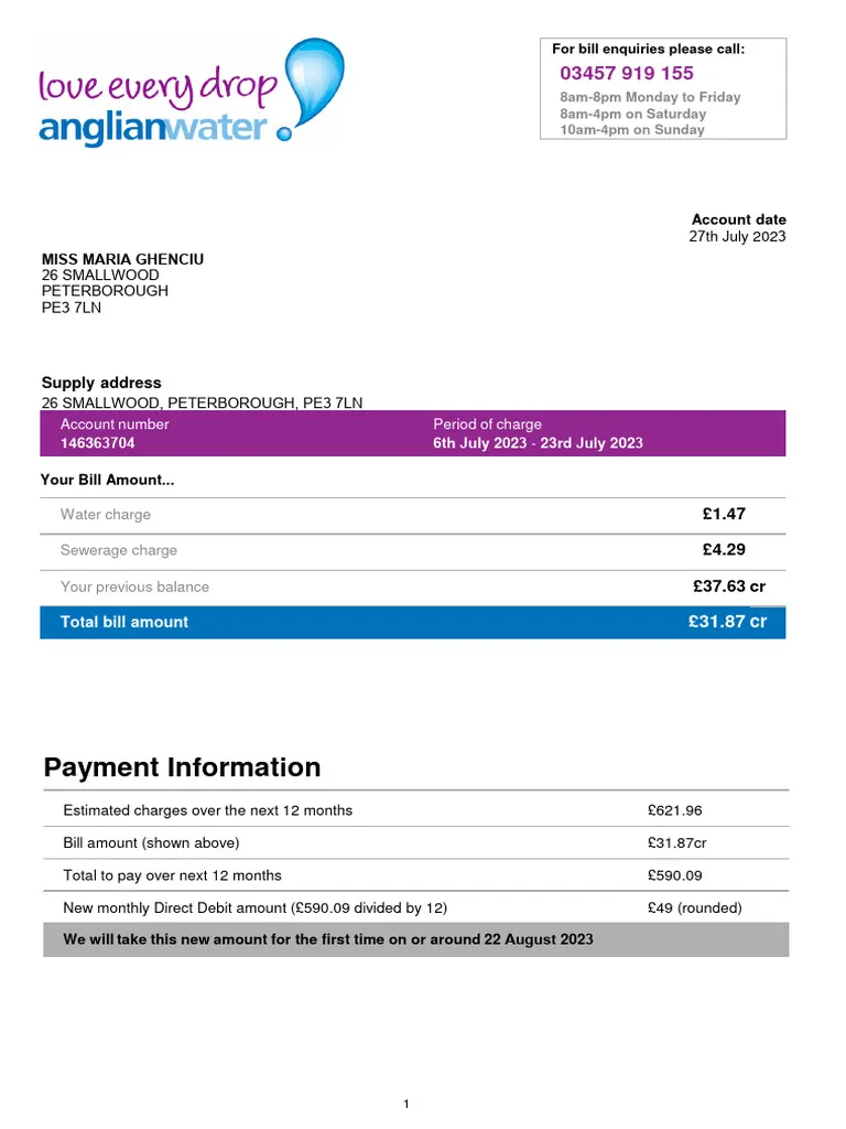 Anglian Water Utility Bill - Custom Fake, Replica, Novelty Utility Bills