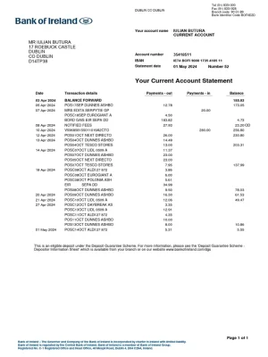 Bank of Ireland Bank Statement - Custom Fake, Replica, Novelty Bank Statements