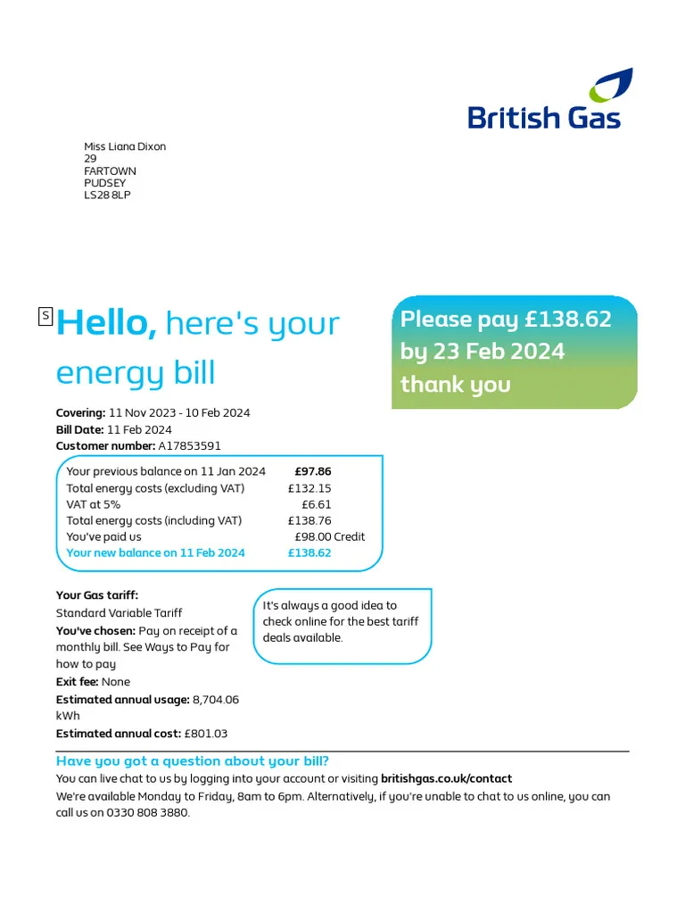 British Gas Utility Bill - Custom Fake, Replica, Novelty Utility Bills