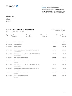 Chase UK Bank Statement - Custom Fake, Replica, Novelty Bank Statements