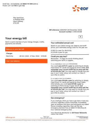 EDF Energy Utility Bill - Custom Fake, Replica, Novelty Utility Bills