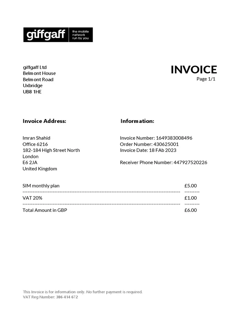 GiffGaff Utility Bill - Custom Fake, Replica, Novelty Utility Bills