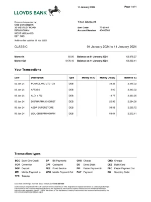 Lloyds Bank Personal Replacement Bank Statement - Custom Fake, Replica, Novelty Bank Statement