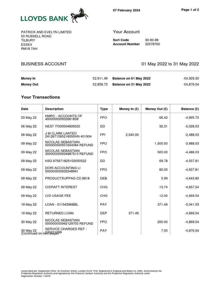 Lloyds Business Bank Statement - Custom Fake, Replica, Novelty Bank Statements