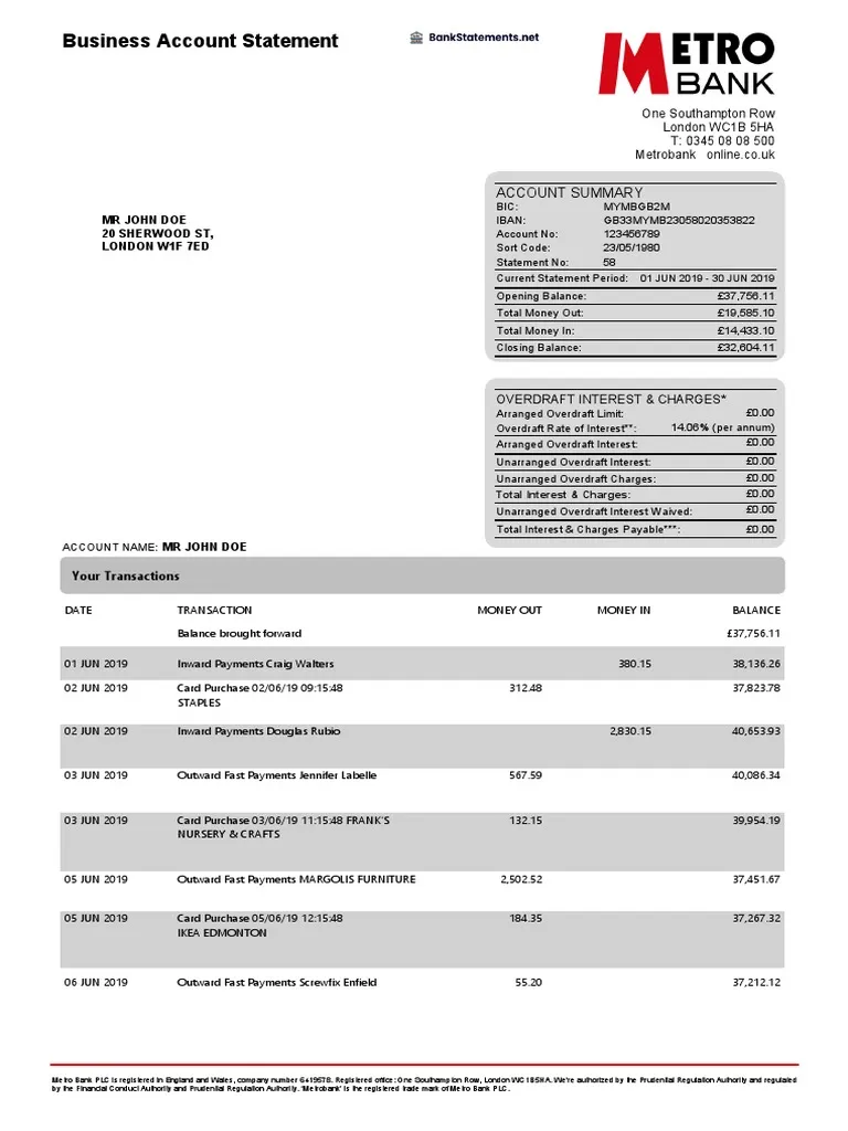 Metro Bank Statement - Custom Fake, Replica, Novelty Bank Statements