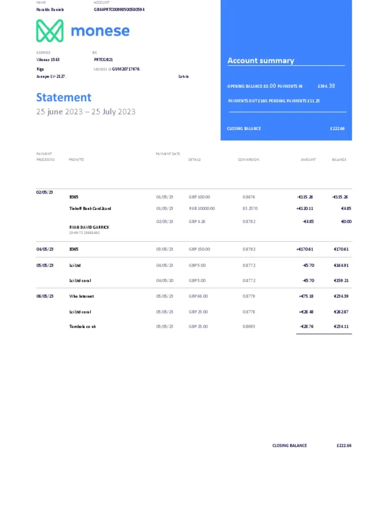 Monese Bank Statement - Custom Fake, Replica, Novelty Bank Statements