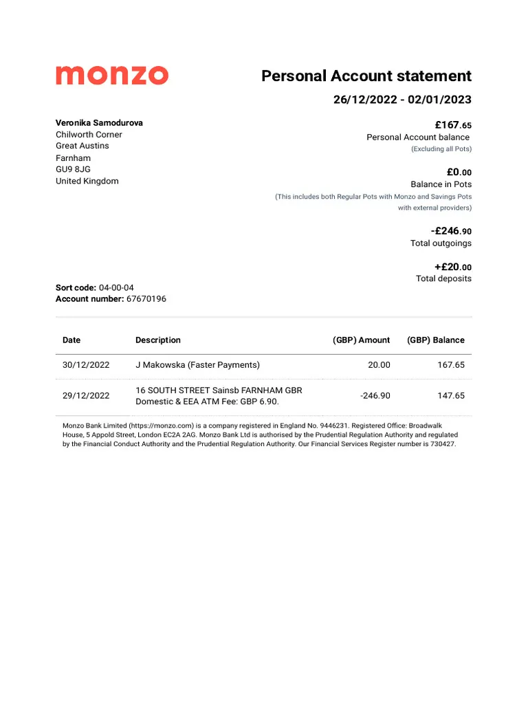 Monzo Bank Statement - Custom Fake, Replica, Novelty Bank Statements