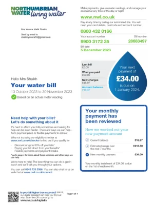 Northumbrian Water Utility Bill - Custom Fake, Replica, Novelty Utility Bills