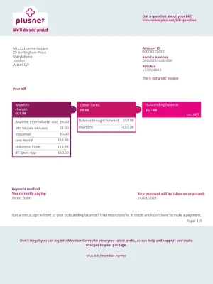 Plusnet Utility Bill - Custom Fake, Replica, Novelty Utility Bills