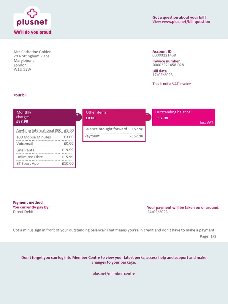 Plusnet Utility Bill - Custom Fake, Replica, Novelty Utility Bills