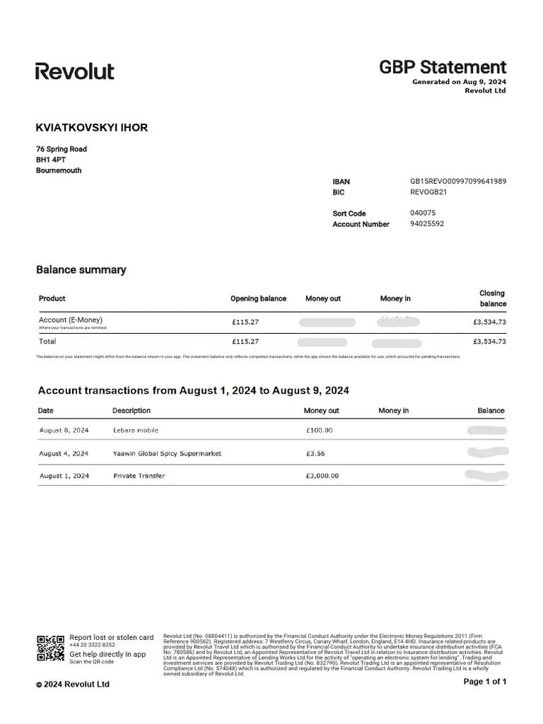 Revolut Bank Statement - Custom Fake, Replica, Novelty Bank Statements
