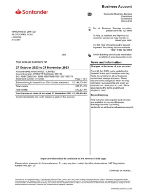Santander Business Bank Statement - Custom Fake, Replica, Novelty Bank Statements
