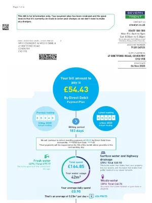 Severn Trent Utility Bill - Custom Fake, Replica, Novelty Utility Bills