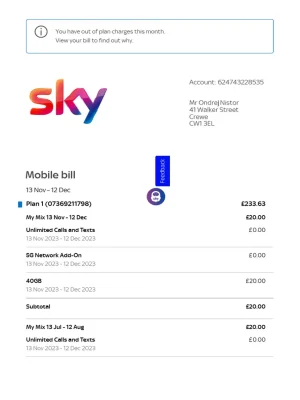 Sky Mobile Utility Bill - Custom Fake, Replica, Novelty Utility Bills