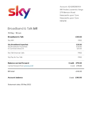 Sky TV Utility Bill - Custom Fake, Replica, Novelty Utility Bills