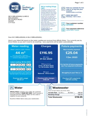 Southern Water Utility Bill - Custom Fake, Replica, Novelty Utility Bills
