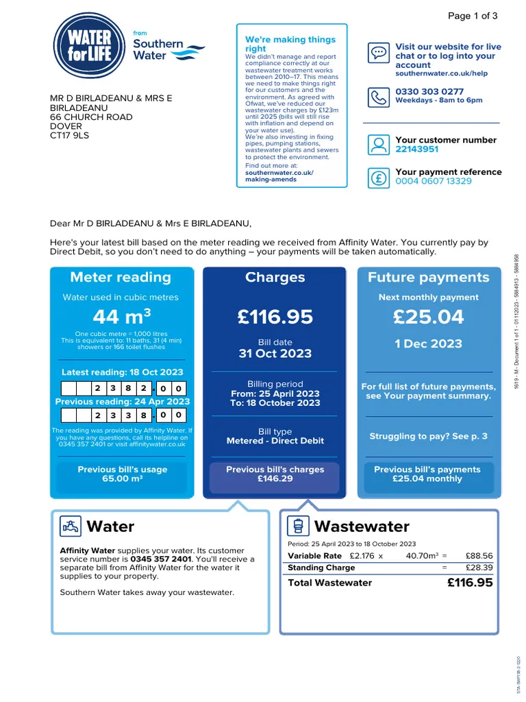 Southern Water Utility Bill - Custom Fake, Replica, Novelty Utility Bills