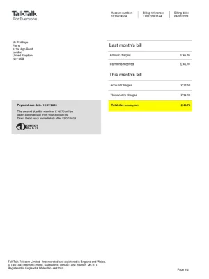 TalkTalk Utility Bill - Custom Fake, Replica, Novelty Utility Bills