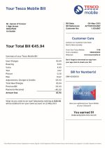 Tesco Mobile Utility Bill - Custom Fake, Replica, Novelty Utility Bills