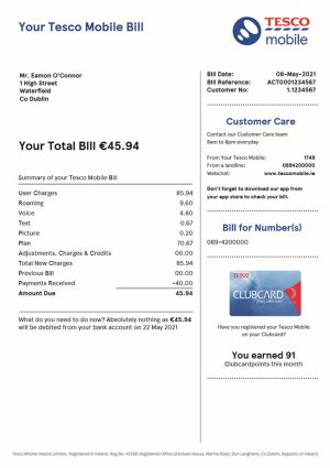 Tesco Mobile Utility Bill - Custom Fake, Replica, Novelty Utility Bills