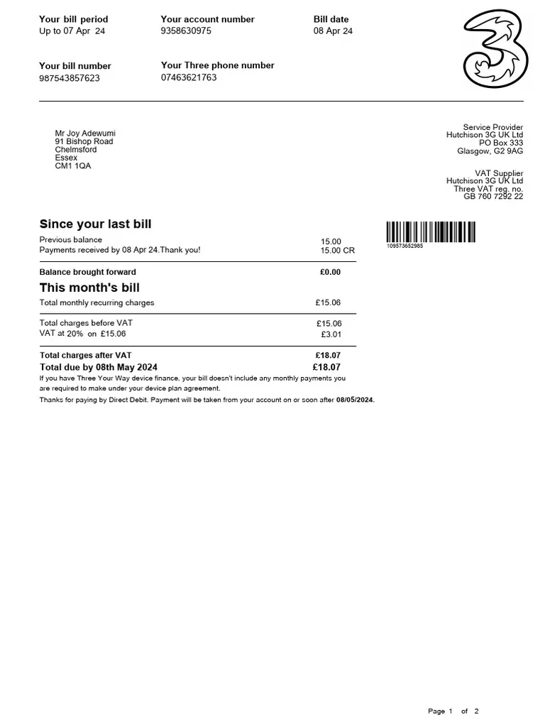 Three Mobile Phone Utility Bill - Custom Fake, Replica, Novelty Utility Bills