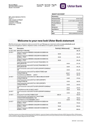 Ulster Bank Statement - Custom Fake, Replica, Novelty Bank Statements