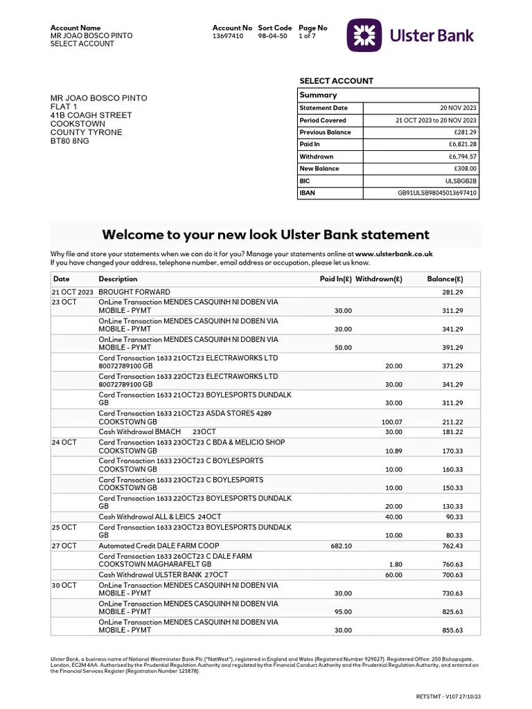 Ulster Bank Statement - Custom Fake, Replica, Novelty Bank Statements