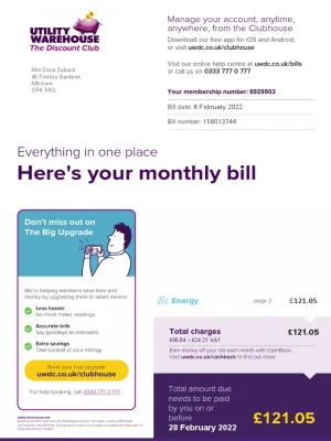 Utility Warehouse Utility Bill - Custom Fake, Replica, Novelty Utility Bills
