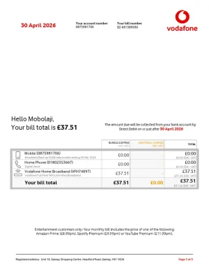 Vodafone Utility Bill - Custom Fake, Replica, Novelty Utility Bills