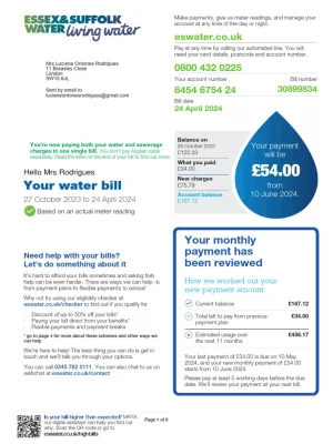 Wessex Water Utility Bill - Custom Fake, Replica, Novelty Utility Bills