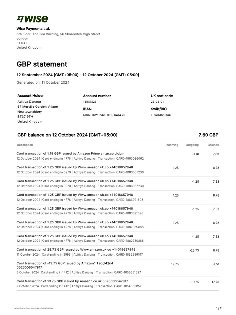 Wise Bank Statement - Custom Fake, Replica, Novelty Bank Statements