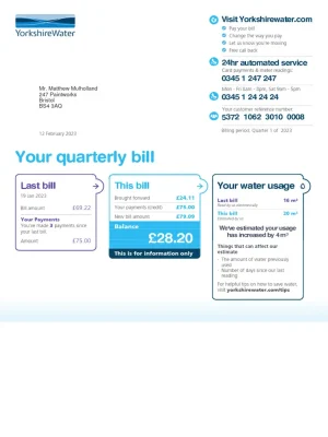 Yorkshire Water Utility Bill - Custom Fake, Replica, Novelty Utility Bills